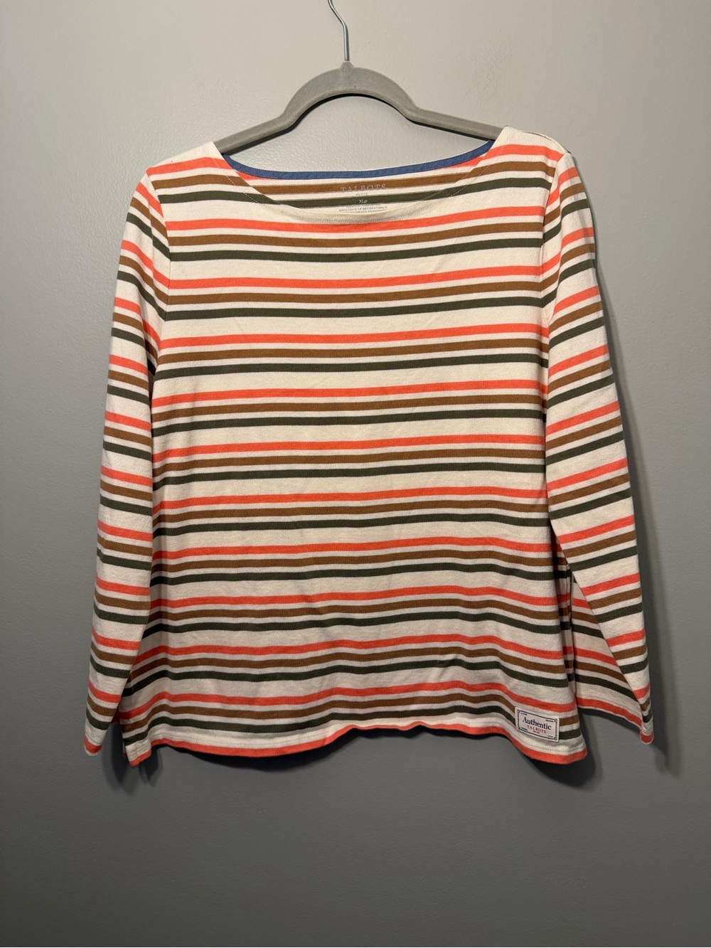 Talbots Cream,โ Orange & Olive Striped Long Sleeve Top